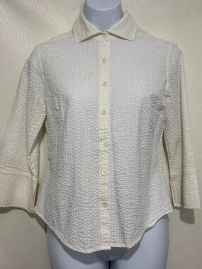 Faconnable XS Cotton Seersucker Puckery Shirt Blouse 3/4 Sleeve